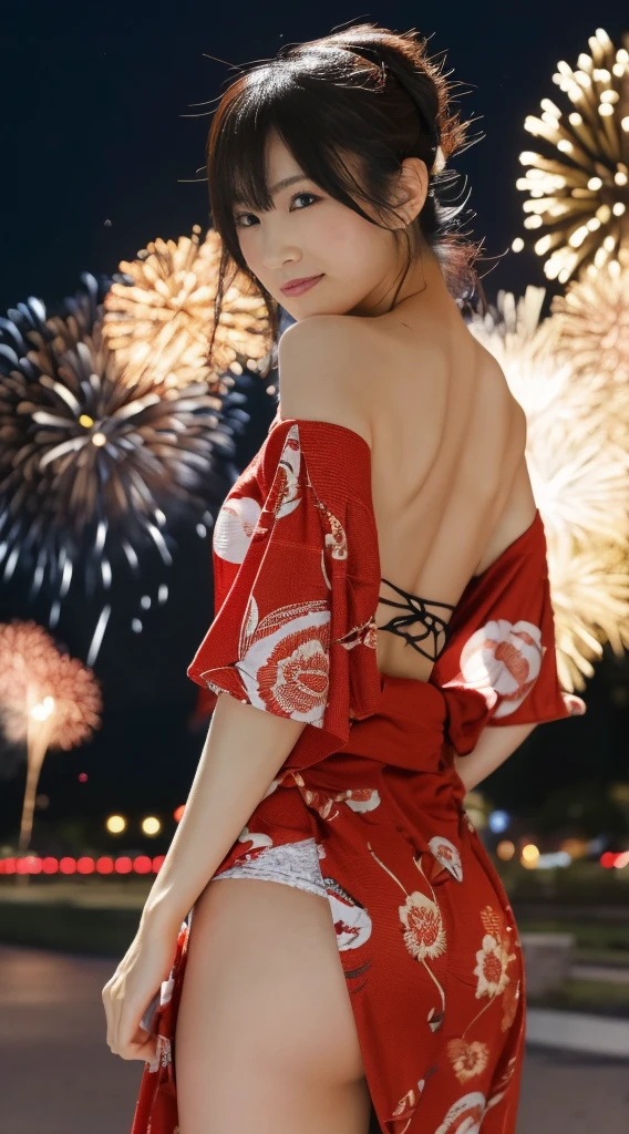 (Masterpiece，Highest quality，Highest quality，8k wallpaper，Ultra-high resolution，Extremely detailed)，Facing forward，looking at the camera，Japanese，Sisters，Japanese Beauty，Female college student，Large Breasts，Narrow waist，Not too big butt，Long, slender legs，Yamato Nadeshiko，pure，Sense of clarity，yukata，Sandals，ponytail，hair ornaments，night，Summer festival，Riverbank，Opening a store，firework，色とりどりのfireworkの光，((2人組のFemale college studentがnightのfirework大会でfireworkの華やかな光に包まれながら微笑む様子のスナップ写真))