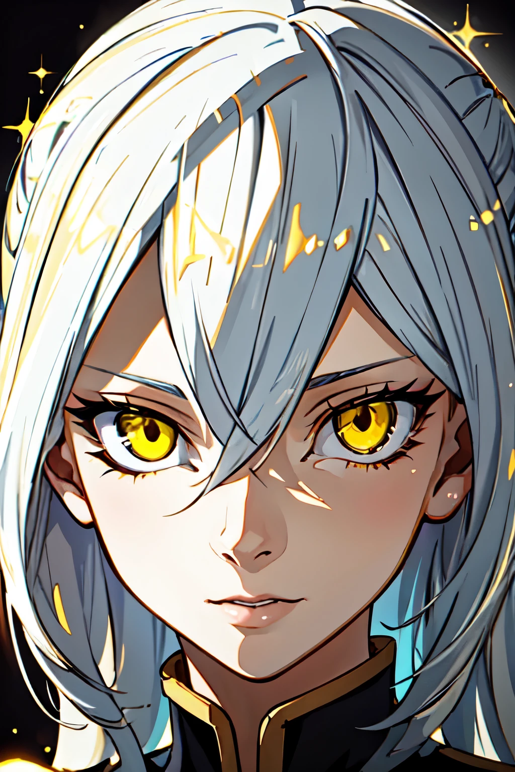 highres, highest quallity, illustration, cinematic light, ultra detailed, detailed face, (detailed eyes), best quality, hyper detailed, masterpiece, (detailed face), Grace Tyler, white hair, yellow eyes, highest details, luminous eyes, backlighting, light rays, (high contrast), (colorful),