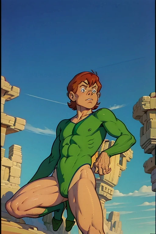 a redhead cartoon character dressed in a green leotard, very muscular, a young male wizard, 1980s cartoon, animated episode still, Presto (((mad)))