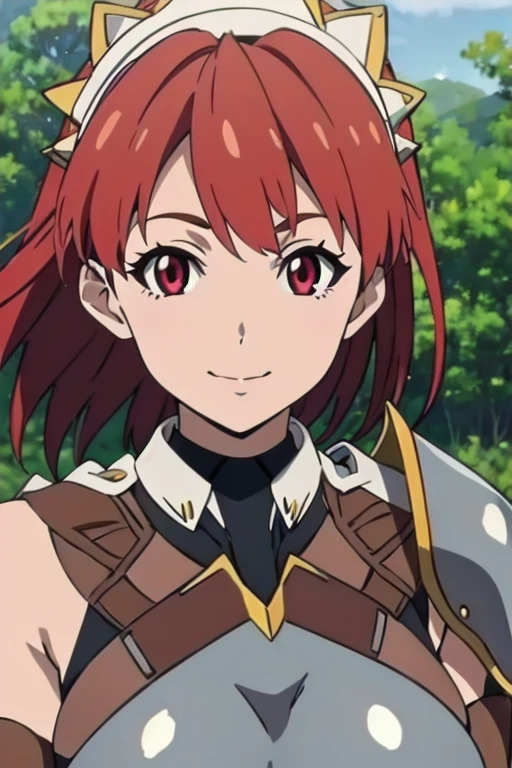 Cecily Campbell, big breasts, armor, breastplate, gloves, red hair, red eyes, 1girl, solo, looking at viewer, upper body, smile, sunny weather, outdoors, close-up