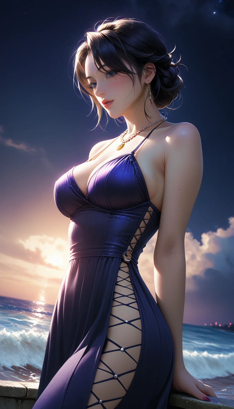 score_9, score_8_superior, score_7_superior, Masterpieces with up to 16K resolution,Highest quality,it is really amazing,Very detailed,Ultra-high resolution,Real,Realistic,Increased depth of field,Cinematic lighting,
sexy japanese milf,
Long black hair,(Ultra-detailed and beautiful faces:1.4),Translucent white skin,Very detailedな肌,
(Elegant resort dresses:1.2),
Artistic design,Beautiful and detailed pattern,Detailed fabric texture,
Gorgeous necklace,Earrings,
(A pitch black night sky with dark clouds:1.4),The coast before the storm,
delay々Continuing sandy beach,
(Dramatic Angle:1.3),