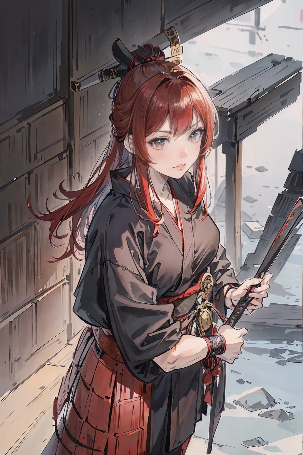Ninja girl, a red haired , wearing a black sumo armor, long hair, fasion hair, samurai armor, slim body, shirt ornament, hakama, tall 165cm, 22yearold, samurai, katana, female, beautiful, lovely face,