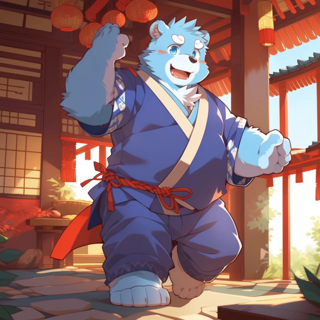 (by zixiong:1.1),(by takemoto arashi),(kemono:1.2),furry,shiquanhao,blue bear,1boy,blue fur,open mouth,animal ears,blue eyes,japanese clothes,bear ears,blue hair,fat,bear boy,(masterpiece),(very detailed),(best quality),alone,(detailed background:1.2),(smile:1.1),(detailed eye:1.2),chinese room,