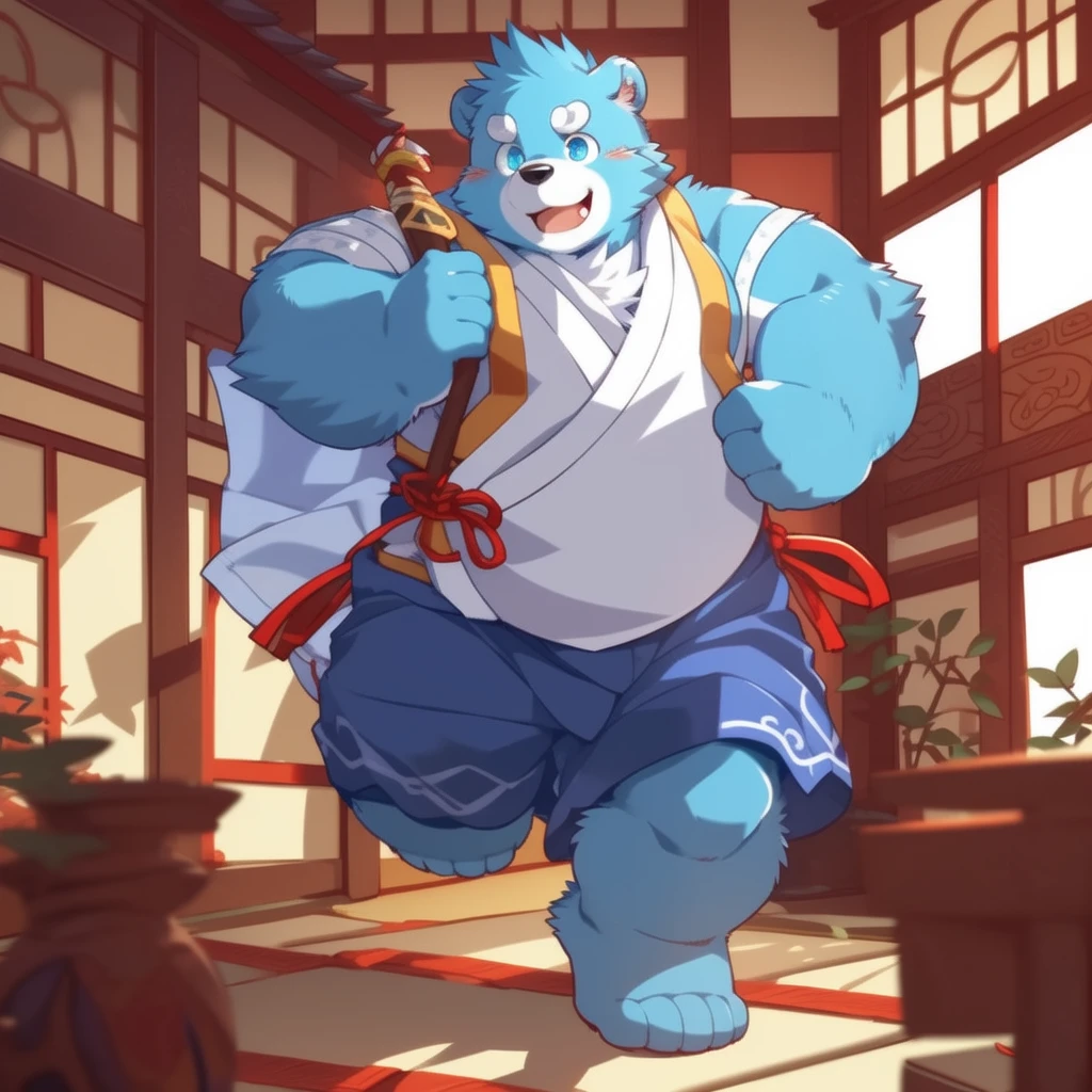 (by zixiong:1.1),(by takemoto arashi),(kemono:1.2),furry,shiquanhao,blue bear,1boy,blue fur,open mouth,animal ears,blue eyes,japanese clothes,bear ears,blue hair,fat,bear boy,(masterpiece),(very detailed),(best quality),alone,(detailed background:1.2),(smile:1.1),(detailed eye:1.2),chinese room,