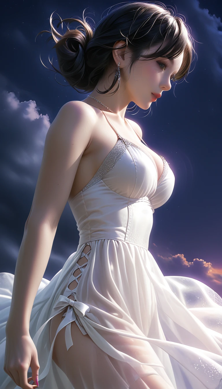 score_9, score_8_superior, score_7_superior, Masterpieces with up to 16K resolution,Highest quality,it is really amazing,Very detailed,Ultra-high resolution,Real,Realistic,Increased depth of field,Cinematic lighting,
sexy japanese milf,
Long black hair,(Ultra-detailed and beautiful faces:1.4),Translucent white skin,Very detailedな肌,
(Elegant resort dresses:1.2),
Artistic design,Beautiful and detailed pattern,Detailed fabric texture,
Gorgeous necklace,Earrings,
(A pitch black night sky with dark clouds:1.4),The coast before the storm,
delay々Continuing sandy beach,
(Dramatic Angle:1.3),