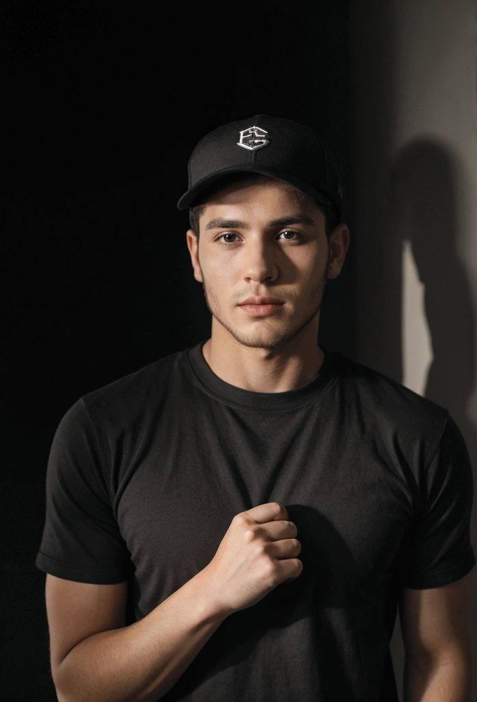 A young 25 year old man, bonitas, charming, athletic body, wearing a black t-shirt tight to the body, super realistico, cinematic effect, His hair is short and he is wearing a black baseball cap with a curved brim., he has a very light and low beard, background with dark environment, good lighting as if it were a scene from a movie, 8k, ultra realisitic, sharp.