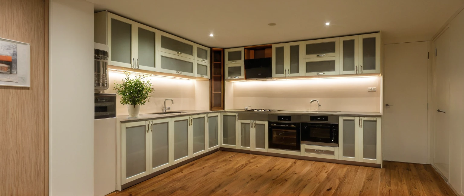 Raw photo, Masterpiece, high quality, best quality, authentic, super detail, architecture, house, outdoors,  style modern, minimalist line, wooden, white paint wall, japan style, wasabi style, Jen style, steel stair, glass railing, paint wall decor, tree, street, kitchen, brown wood