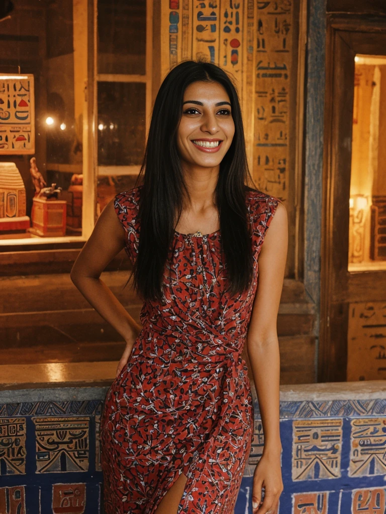 Rania, 1girl, solo, ((Egyptian woman)), consistent face and body, ((MILF)), ((30 years old)), (mature), ((slim)), ((Egyptian face)), (Egyptian nose), (Egyptian lips), long straight hair, upper body and upper legs, (background: Beirut vibrant nightlife), BREAK, (wearing printed dress clothes), smiling with teeth