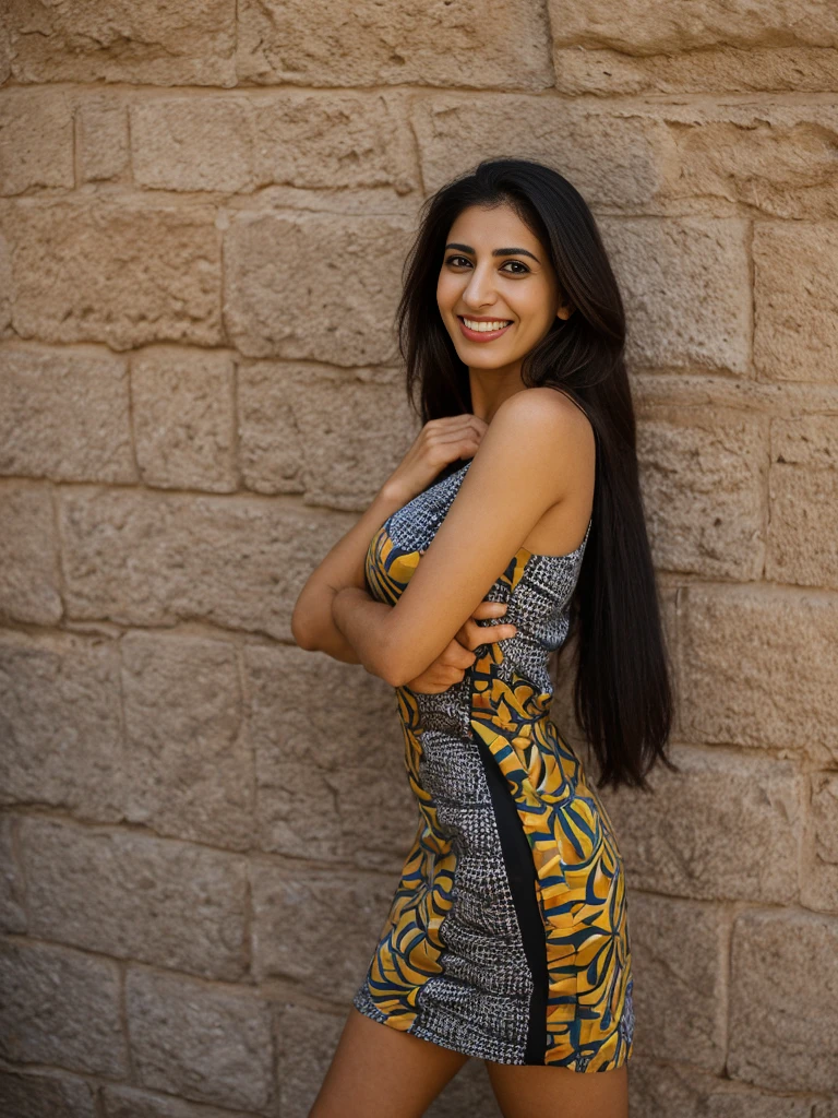Rania, 1girl, solo, ((Egyptian woman)), consistent face and body, ((MILF)), ((30 years old)), (mature), ((slim)), ((Egyptian face)), (Egyptian nose), (Egyptian lips), long straight hair, upper body and upper legs, (background: Beirut vibrant nightlife), BREAK, (wearing printed dress clothes), smiling with teeth