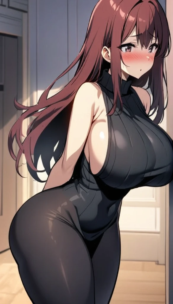 dark red hair long hair beautiful blush big breasts big butt tight sweater sleeveless bottomless exposed