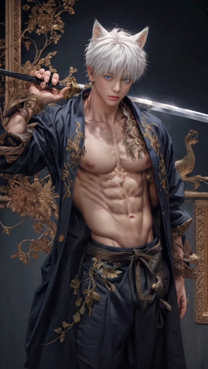 1boy, adult, handsome, perfect face, detailed eyes and face, clean shaved, muscular, capturing a rural atmosphere, dynamic lighting, unreal engine 5, hd picture, satoru gojo, white hair, short hair ,hair between eyes ,blue eyes, white skin, pink nipple, milk nipple details, Fox ears, Right hand holds the sword