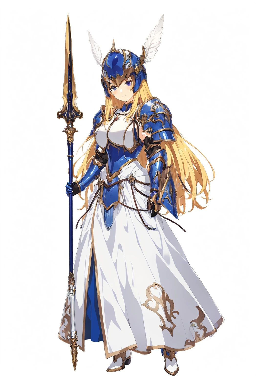 high quality, high resolution, high qualityのゲームアートスタイル, whole body,valkyrie,perfect hand,Official Art, Smooth game CG art, Visual Novel Sprites, White background,Smooth game CG art, (((Woman with a gun))),Woman wearing a white dress and blue armor, An intricately designed helmet with white feathers,Small shield, (((In his right hand he holds an elaborate spear))),Exquisite Blue Armor,Golden Hair, long hair, female knight, Rin々Shii,Large Bust,20-year-old