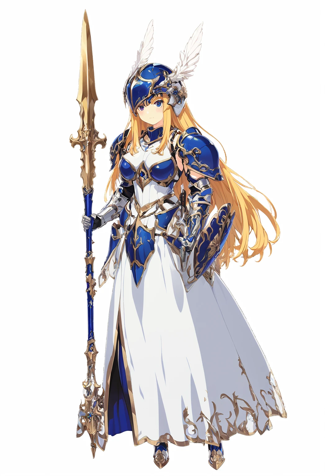 high quality, high resolution, high qualityのゲームアートスタイル, whole body,valkyrie,perfect hand,Official Art, Smooth game CG art, Visual Novel Sprites, White background,Smooth game CG art, (((Woman with a gun))),Woman wearing a white dress and blue armor, An intricately designed helmet with white feathers,Small shield, (((In his right hand he holds an elaborate spear))),Exquisite Blue Armor,Golden Hair, long hair, female knight, Rin々Shii,Large Bust,20-year-old