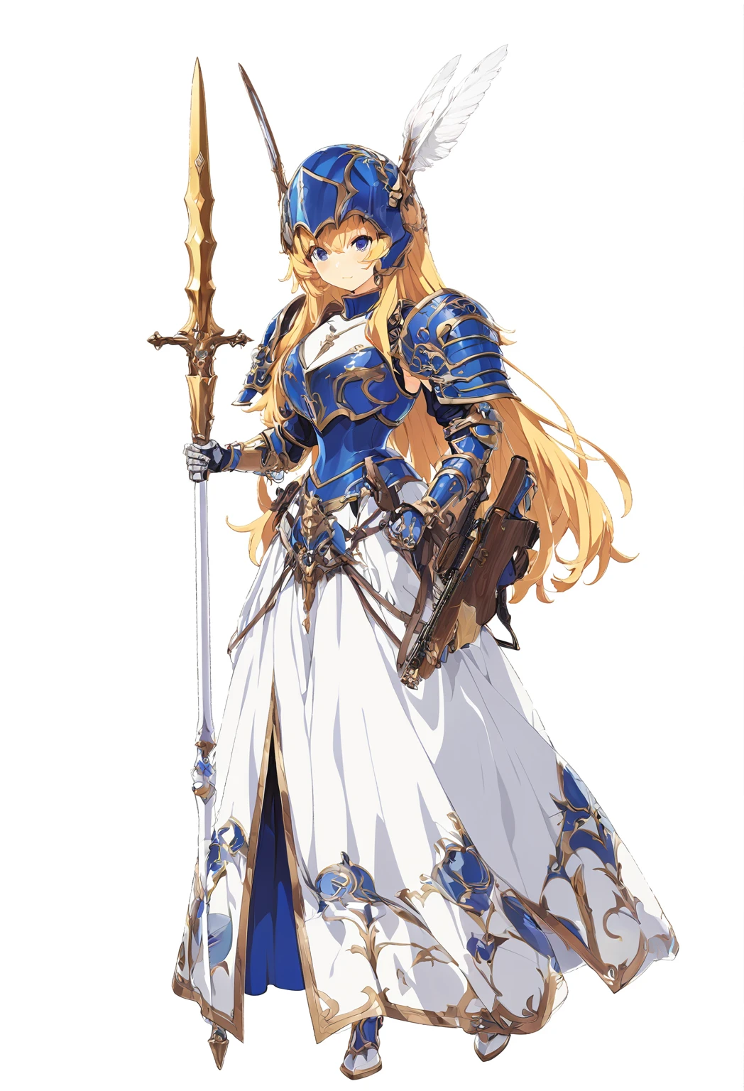 high quality, high resolution, high qualityのゲームアートスタイル, whole body,valkyrie,perfect hand,Official Art, Smooth game CG art, Visual Novel Sprites, White background,Smooth game CG art, (((Woman with a gun))),Woman wearing a white dress and blue armor, An intricately designed helmet with white feathers,Small shield, (((In his right hand he holds an elaborate spear))),Exquisite Blue Armor,Golden Hair, long hair, female knight, Rin々Shii,Large ,20-year-old