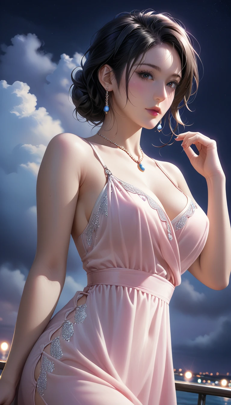 score_9, score_8_superior, score_7_superior, Masterpieces with up to 16K resolution,Highest quality,it is really amazing,Very detailed,Ultra-high resolution,Real,Realistic,Increased depth of field,Cinematic lighting,
sexy japanese milf,
Long black hair,(Ultra-detailed and beautiful faces:1.4),Translucent white skin,Very detailedな肌,
(Elegant resort dresses:1.2),
Artistic design,Beautiful and detailed pattern,Detailed fabric texture,
Gorgeous necklace,Earrings,
(A pitch black night sky with dark clouds:1.4),The coast before the storm,
delay々Continuing sandy beach,
(Dramatic Angle:1.3),