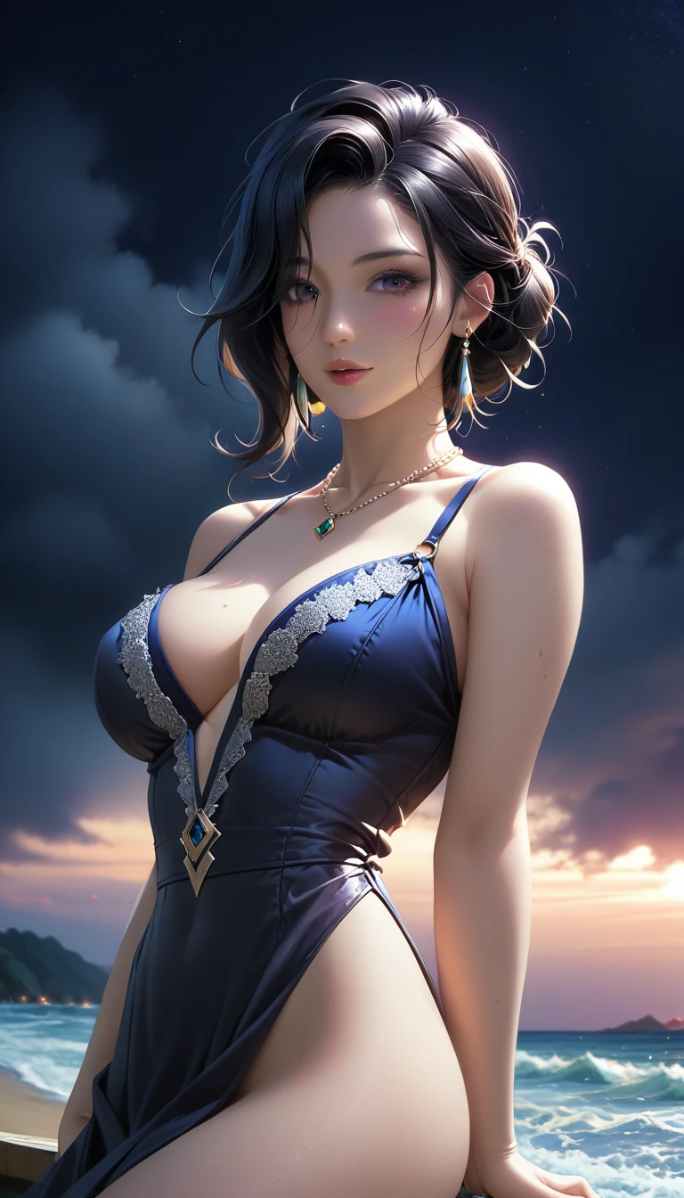 score_9, score_8_superior, score_7_superior, Masterpieces with up to 16K resolution,Highest quality,it is really amazing,Very detailed,Ultra-high resolution,Real,Realistic,Increased depth of field,Cinematic lighting,
sexy japanese milf,
Long black hair,(Ultra-detailed and beautiful faces:1.4),Translucent white skin,Very detailedな肌,
(Elegant resort dresses:1.2),
Artistic design,Beautiful and detailed pattern,Detailed fabric texture,
Gorgeous necklace,Earrings,
(A pitch black night sky with dark clouds:1.4),The coast before the storm,
delay々Continuing sandy beach,
(Dramatic Angle:1.3),
