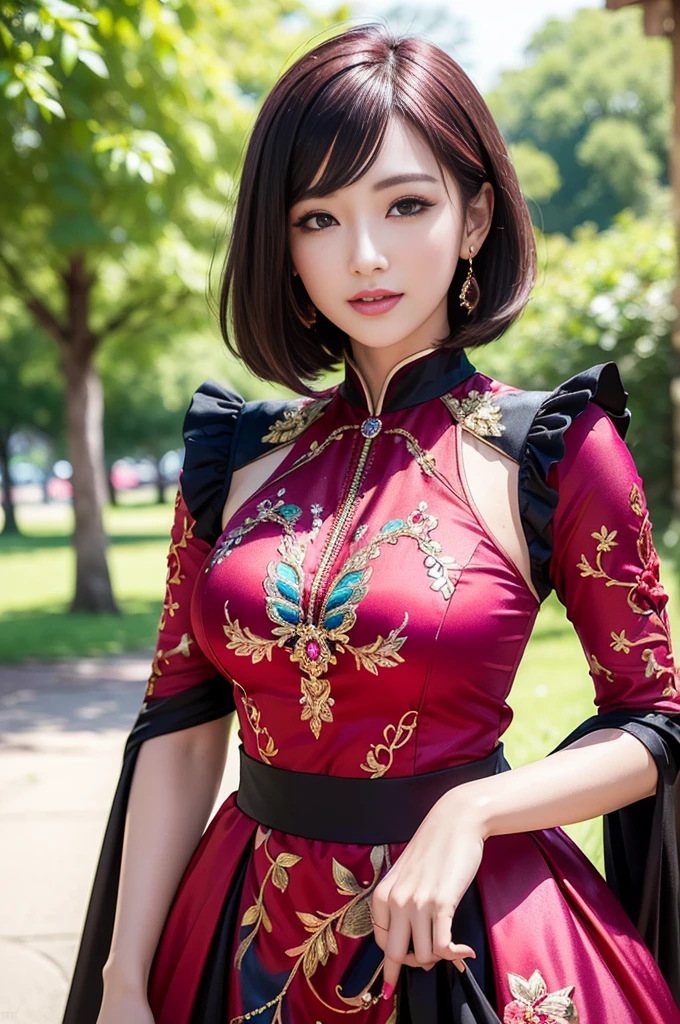 (masterpiece:1.4), (best quality:1.4), ultra high res, ultra high resolution, ((detailed facial features)), HDR, (realistic, photorealistic, photo-realistic:1.37), full body Esbian, sexy Vietnamese model, (-anime), vivid colors, ((vivid colors multicolor (red, fuchsia) very short hair)), (happy smile), lip-gloss, long lashes, ultra detailed metallic makeup, defined eyebrows, wearing large sparkling colorful jewelery, wearing a red silk Paradise Kiss cosplay dress with black floral embroidery, ((vivid colors outfit)), vivid colors, look at the camera, cinematic light, large park background with trees, sweet and sexy pose