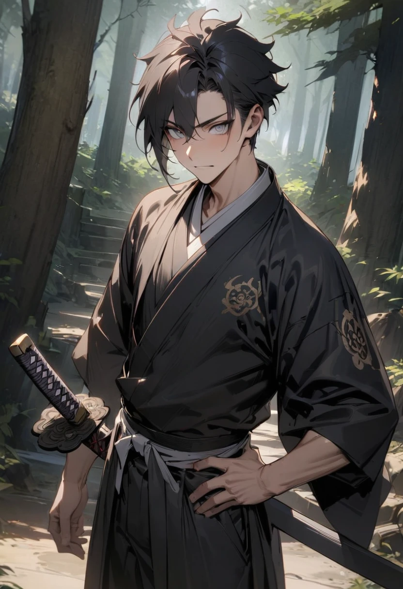 man with calm face ,Male Dark, dark Woods,Red & Black colors, gray eyes, short hair, black japanese hanten, samurai kusazuri,samurai dnd, forest shrine background, katana on hip, masterpiece, detailed