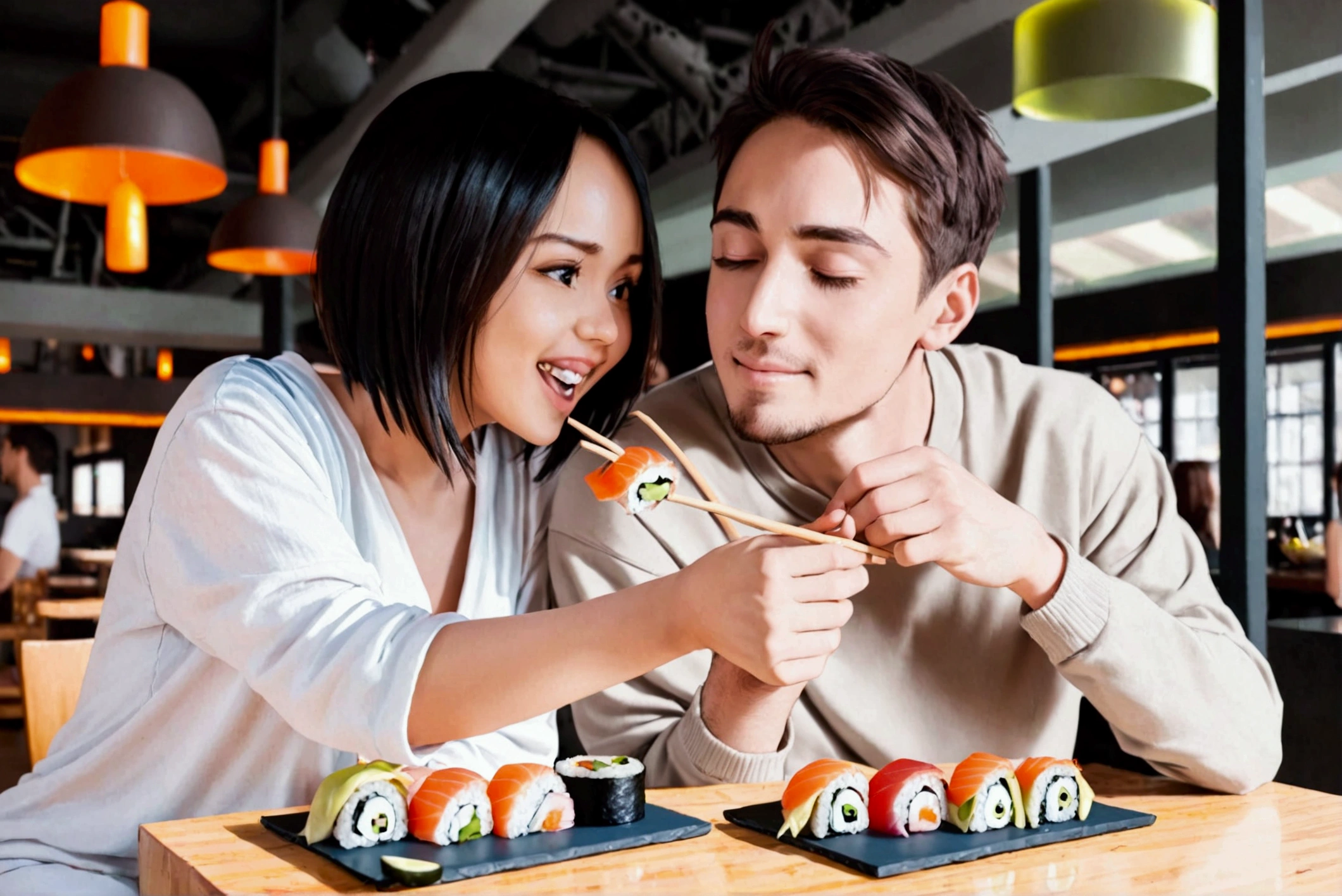 Girlfriend feeding boyfriend sushi, shy, in love, across from each other