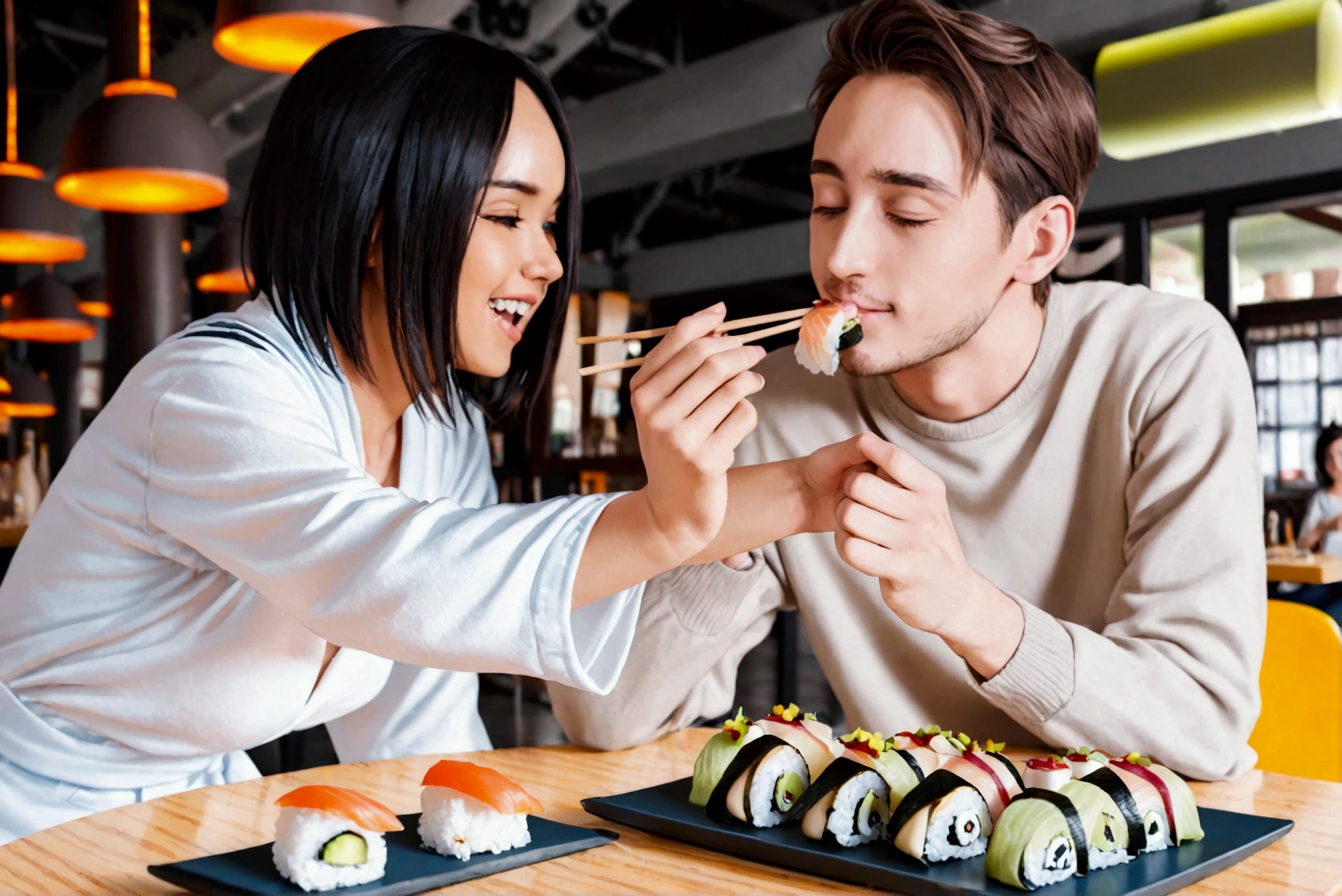 Girlfriend feeding boyfriend sushi, shy, in love, across from each other