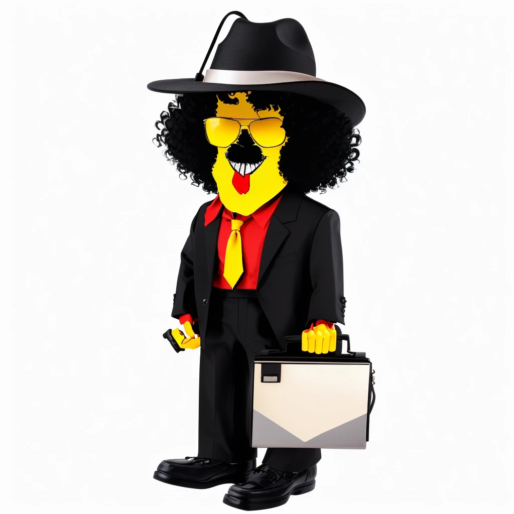Draw a Cartoon-style character inspired by a mysterious salesman. He must wear a wide-brimmed black hat, sunglasses, have voluminous afro hair, and a black suit with a red shirt. Include a yellow tie and a gray briefcase in your hands. The character must have a confident and charismatic expression, similar to Michael Jackson