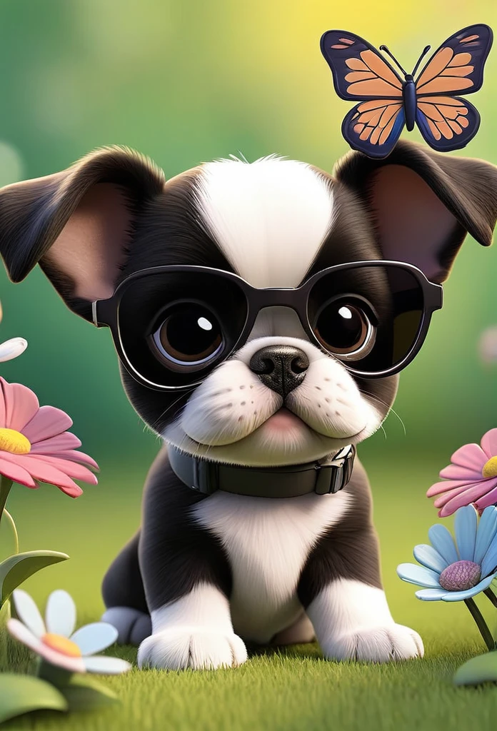 Adorable small tan boston Terrior puppy playing with black shih tzu puppies wearing sunglasses playing at park butterflies and flowers in background 3D Pixar style