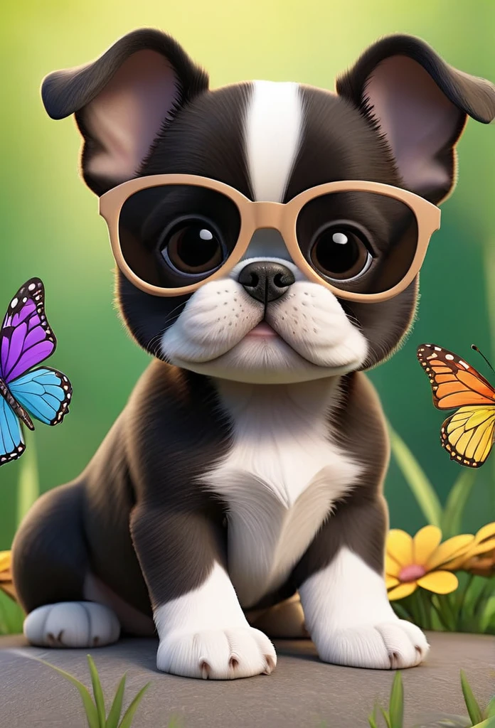 Adorable small tan boston Terrior puppy playing with black shih tzu puppies wearing sunglasses playing at park butterflies and flowers in background 3D Pixar style