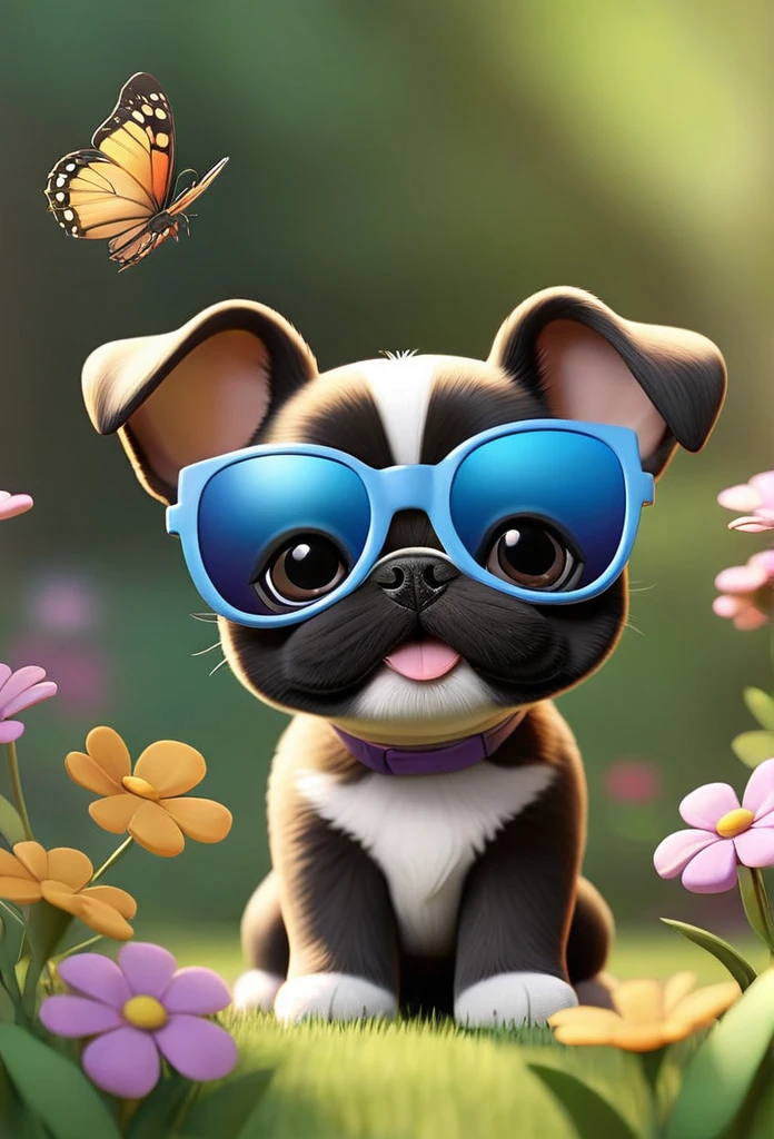 Adorable small tan boston Terrior puppy playing with black shih tzu puppies wearing sunglasses playing at park butterflies and flowers in background 3D Pixar style