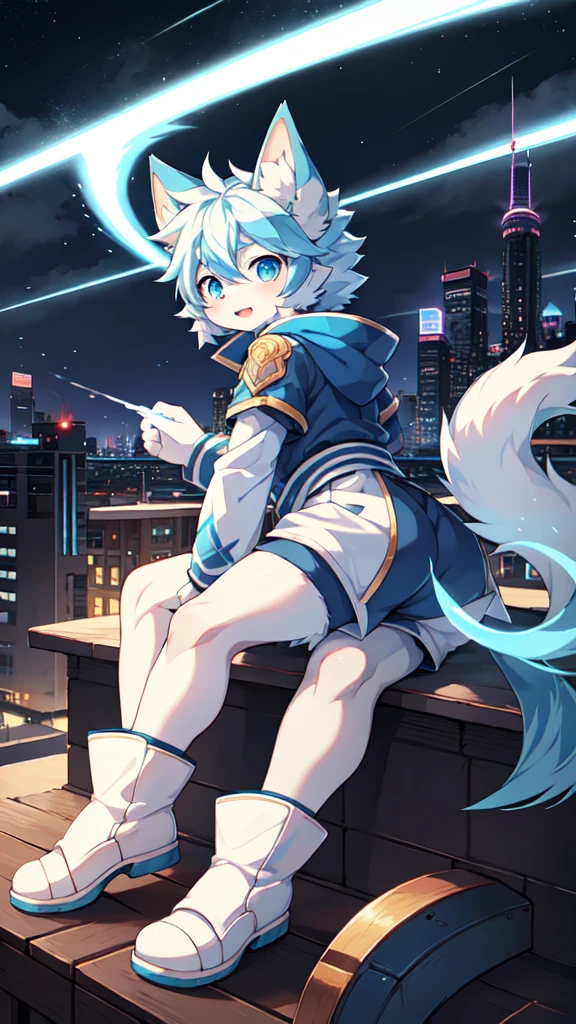 Blue hair，White hair，Blue dragon tail，The end of the tail has white fuzz，hairy，God of Art Super Top Quality, Super detailed, High resolution, Anime cute art style, The best anime, 8k, Kona sauce wallpaper, Pixiv Contest Winners, Perfect anatomical structure, , (Energetic teenager, 13 years old:1.3), High resolution详细的头发，Iris and pupil are well proportioned，Blue pupils，Blue ears，Single，Light blue coat，White shorts，White boots，night，City，On top of the building，Neon lights