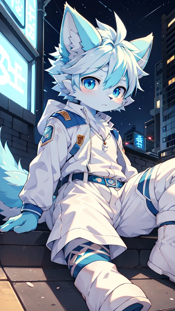 Blue hair,White hair,Blue dragon tail,The end of the tail has white fuzz,hairy,God of Art Super Top Quality, Super detailed, High resolution, Anime cute art style, The best anime, 8k, Kona sauce wallpaper, Pixiv Contest Winners, Perfect anatomical structure, , (Energetic teenager, :1.3), High resolution详细的头发,Iris and pupil are well proportioned,Blue pupils,Blue ears,Single,Light blue coat,White shorts,White boots,night,City,On top of the building,Neon lights