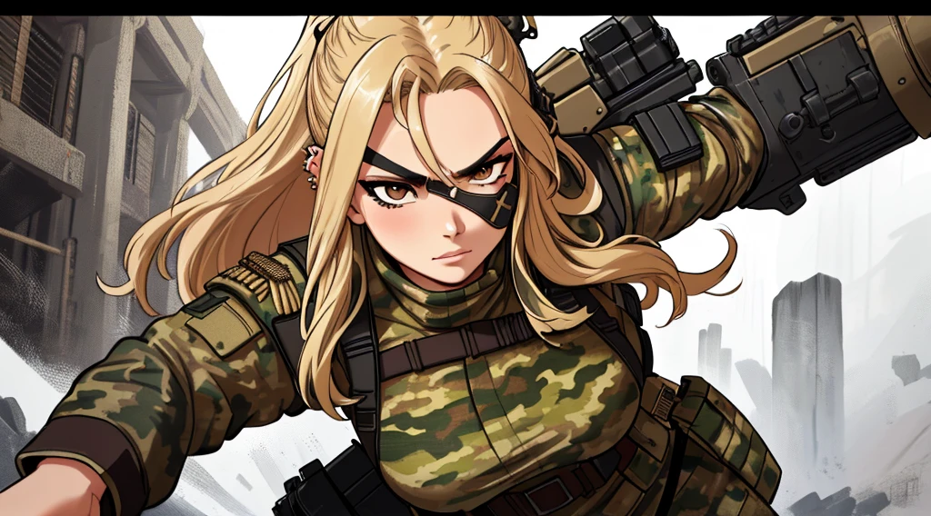 A strikingly alluring female warrior with flowing blonde hair, piercing brown eyes, and a sleek black eye patch covering her right eye, clad in intricately detailed camouflage military attire. This vibrant character portrait exudes a sense of strength and mystery, captured in a hyper-realistic digital painting. The intricate details of her outfit, from the intricate patterns of the camouflage to the subtle shading of her eye patch, are rendered with impeccable precision. The overall composition is dynamic and engaging, drawing the viewer in with its captivating depiction of a fierce and enigmatic warrior.