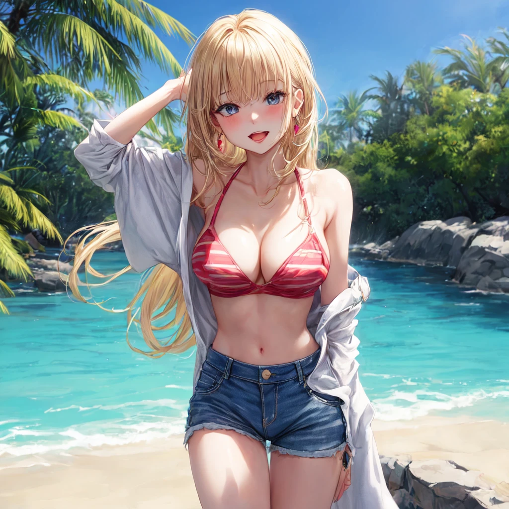 Denim shorts, , Sticking out tongue,Earrings, Double teeth, Waistline, Little abs,Large , Textured skin, 