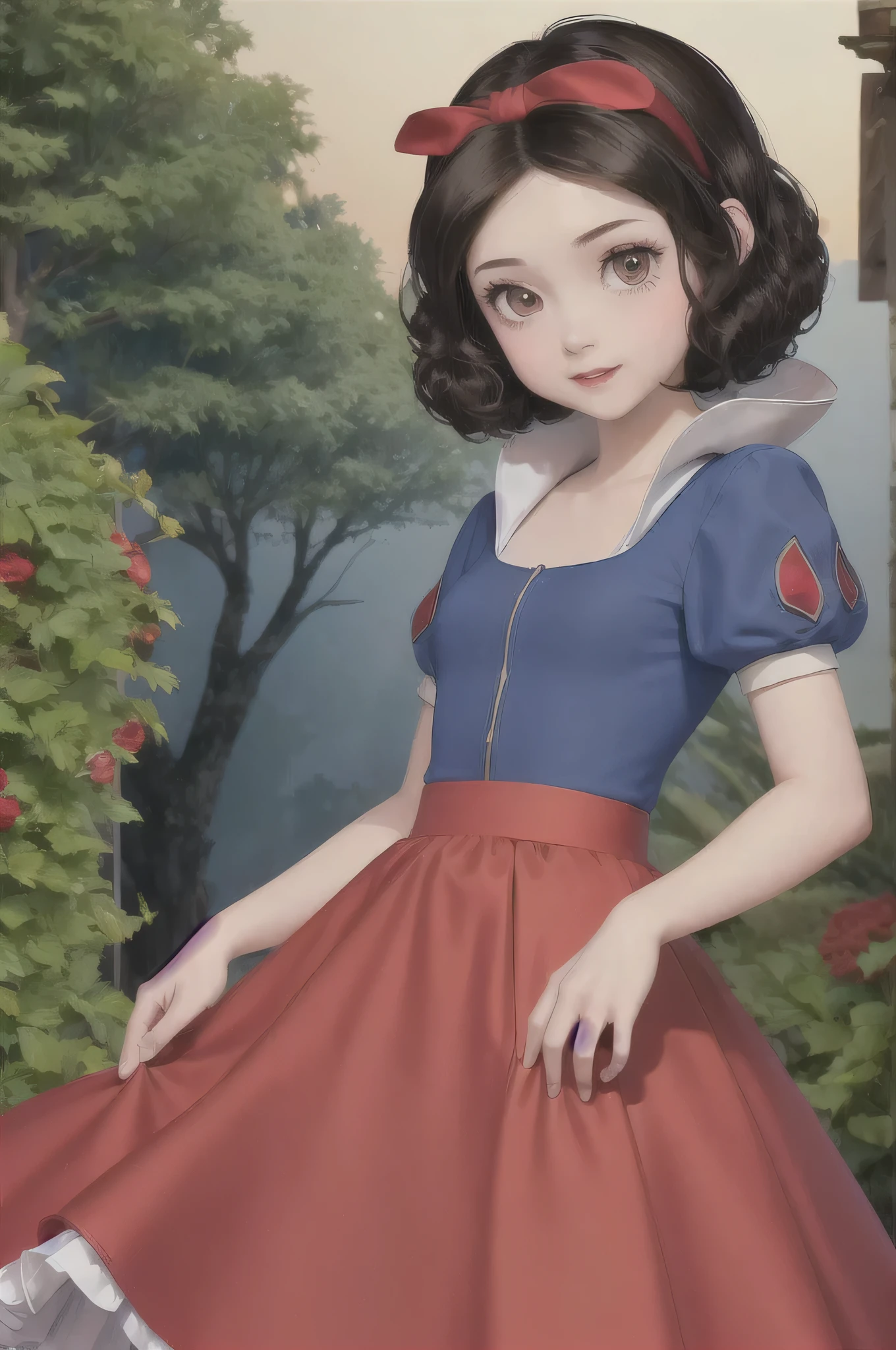 ((masterpiece:1.2), best quality, highres, ultra-detailed), solo, 1girl, (SnowPrincessw,snowwhite from disney,beautiful skin:1.2),(drooping eyes:1.4), (,small breasts,brown eyes,large eyes,black hair,retro curly bob:1.1),elegant face,(red headband with a red ribbon in the center:1.3),
princess,red cloak,(dress,skirt), cowboy shot,
looking at viewer, (outdoor,at night,castle:1.2) 