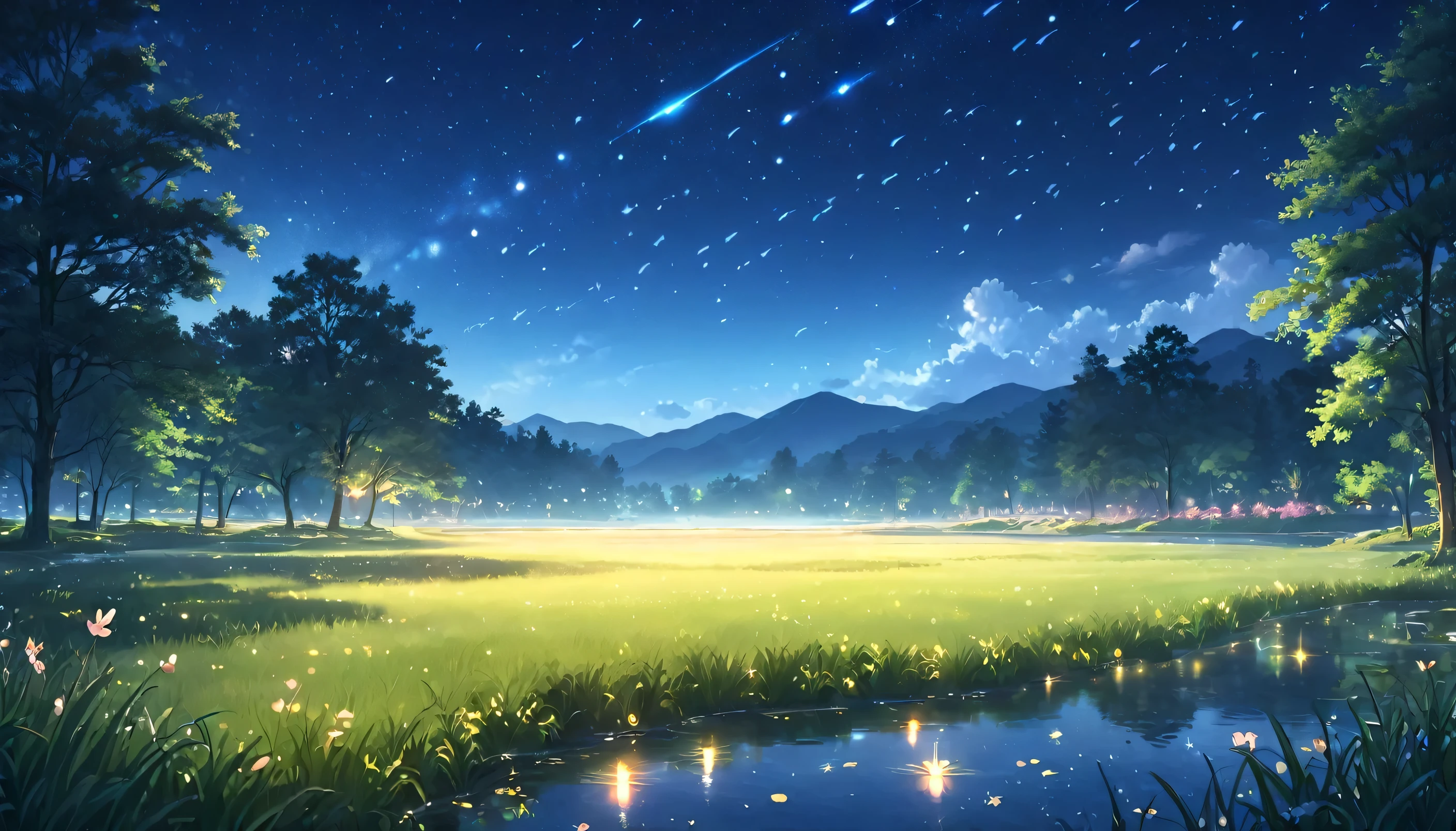 a beautiful anime-style summer night scene, a lush grassy meadow by a serene pond, dramatic lighting, intricate details, vibrant colors, (best quality,8k,highres,masterpiece:1.2),ultra-detailed,(realistic,photorealistic,photo-realistic:1.37),landscape,cinematic,dramatic lighting,glowing fireflies,dewy grass,shimmering water,sakura petals,pastel colors,soft focus