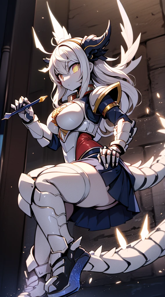 knight，Dragon Girl，Anthropomorphic Dragon，Dragon Horn，knightarmor，Plate，Breastplate，Wristband，Arm Guard，Metal armor，armor，wing，巨龙wing，巨龙knight女孩，Big breasts，Pale，silver white，White hair，White scales，Dragon Claw，butt，大butt，Big breasts，Big breasts，armor，knight长枪，Spear，Huge spear，Fantasy style，Fantasy style，Skirt Armor，Skirt，Dragon Tail，巨Dragon Tail，Fleshy tail，Chubby tail