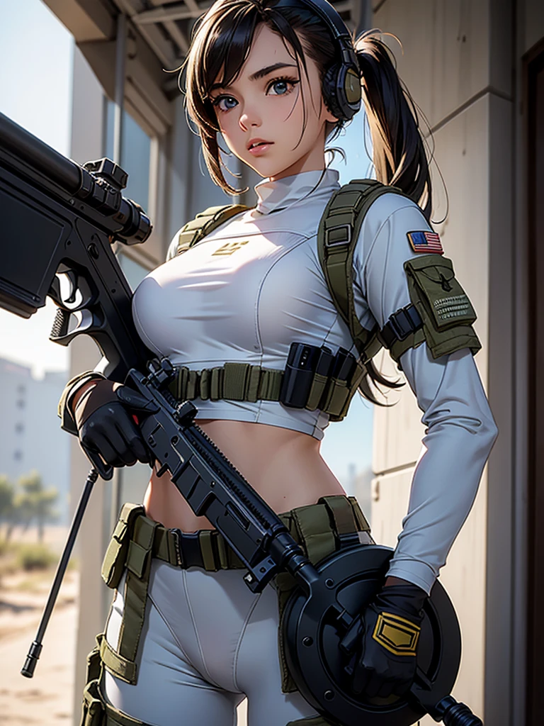 In war, Woman in white holding a rifle and wearing headphones, 24 year old woman, young soldier, mechanized young soldier, Military Girl, beautiful female soldier, Female lead character, Military Girlราบ, Girl's sniper at war, solo female character, Future combat equipment, Half-body close-up, Woman wearing military bulletproof crop top, Show navel, Wear tactical equipment, Wear tactical armor., (realistic navel shape)