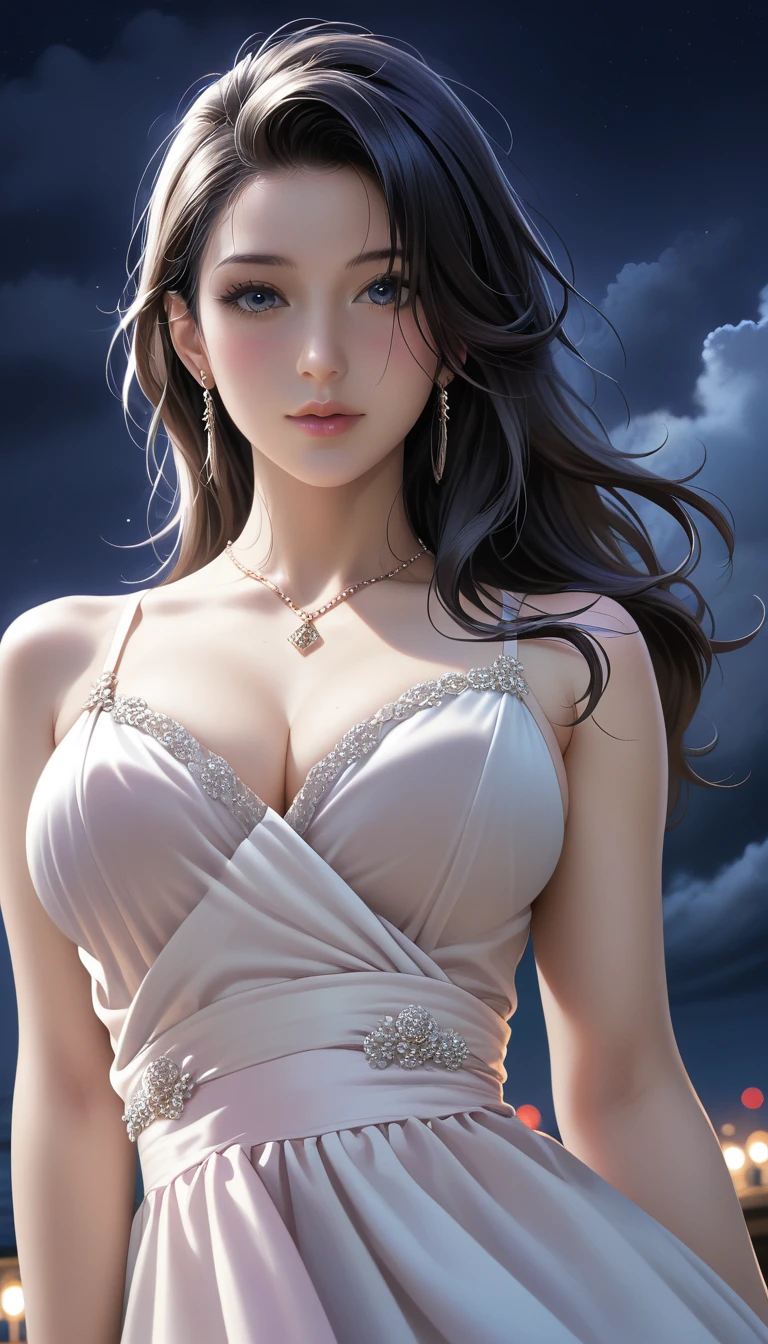 score_9, score_8_superior, score_7_superior, Masterpieces with up to 16K resolution,Highest quality,it is really amazing,Very detailed,Ultra-high resolution,Real,Realistic,Increased depth of field,Cinematic lighting,
sexy japanese milf,
Long black hair,(Ultra-detailed and beautiful faces:1.4),Translucent white skin,Very detailedな肌,
(Elegant resort dresses:1.2),
Artistic design,Beautiful and detailed pattern,Detailed fabric texture,
Gorgeous necklace,Earrings,
(A pitch black night sky with dark clouds:1.4),The coast before the storm,
delay々Continuing sandy beach,
(Dramatic Angle:1.3),