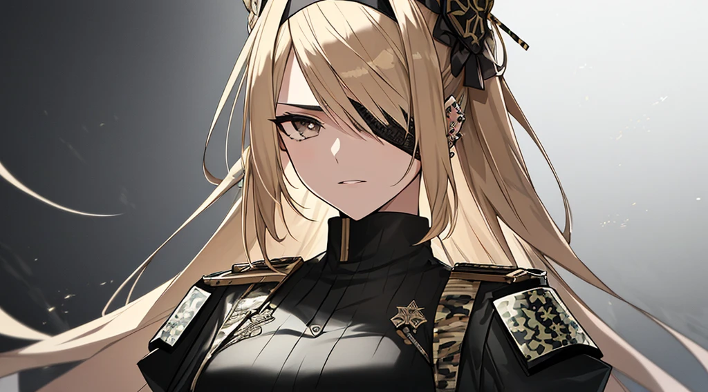 A strikingly alluring female warrior with flowing blonde hair, piercing brown eyes, and a sleek black eye patch covering her right eye, clad in intricately detailed camouflage military attire. This vibrant character portrait exudes a sense of strength and mystery, captured in a hyper-realistic digital painting. The intricate details of her outfit, from the intricate patterns of the camouflage to the subtle shading of her eye patch, are rendered with impeccable precision. The overall composition is dynamic and engaging, drawing the viewer in with its captivating depiction of a fierce and enigmatic warrior.