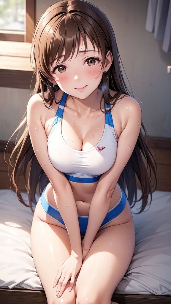 Highest quality、high resolution、High definition、HD、sports gym、(Nitta Minami、Long Hair、Medium chest、Brown Hair、Brown eyes、Glossy lips、virgin、Glowing Skin、Realistic skin texture、Plain white sports bra、Plain white sports leggingassive sweat stains in the crotch、Sweat shows through the skin)、Love me、blush、Open your mouth、smile)、(Top view)