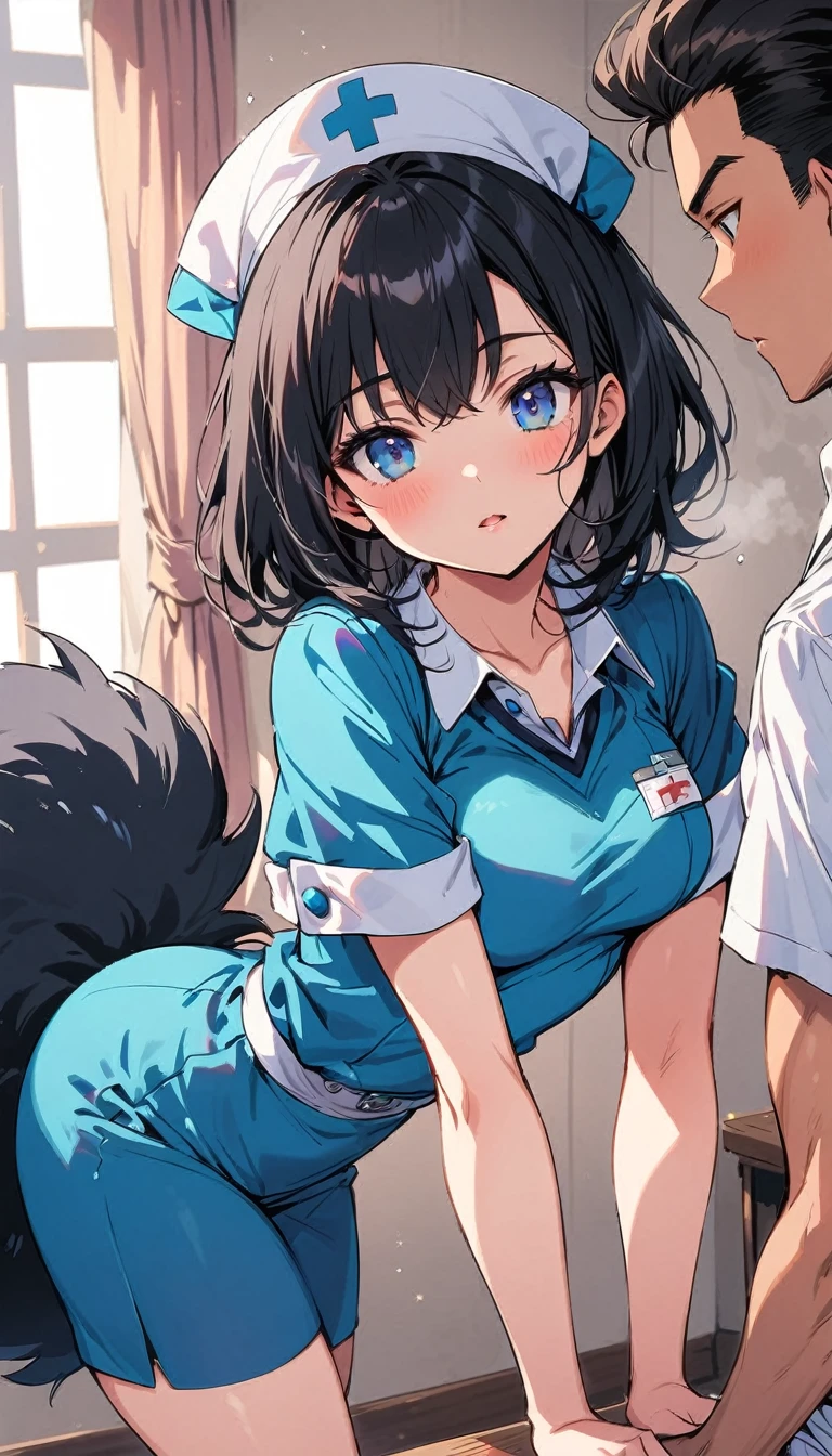 school nurse, black fur, blue eyes, fitted short suit, curves, seducing a young man
