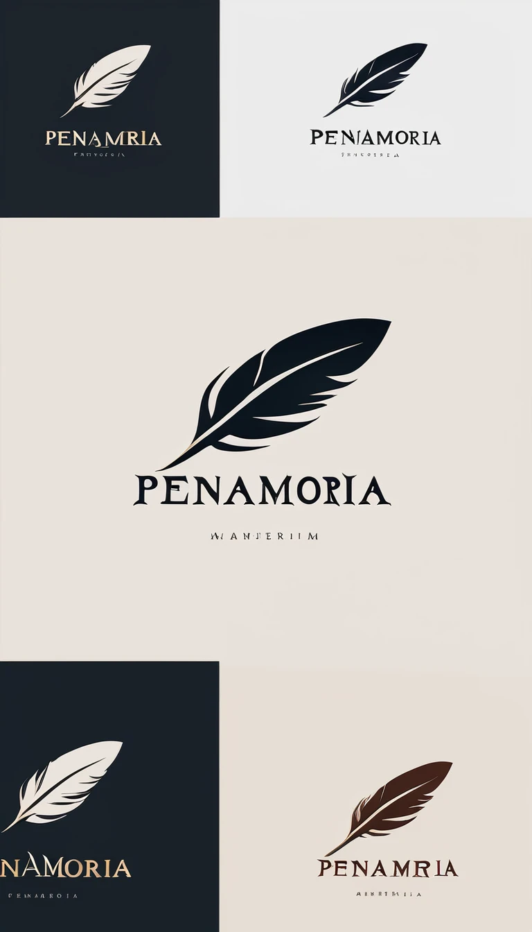 A minimal, modern, simple, cinematic logo design for the brand “Penamemoria". Create a modern, minimalistic, high-quality, masterpiece, fantastic, poetic feather that symbolizes dreams and stories.