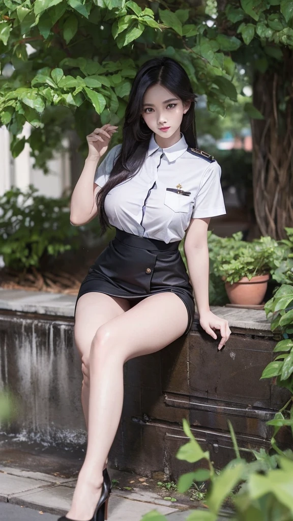 Khaki suit, khaki civil servant, Thai teacher uniform:1.3, สาวสวยผมlongเป็นพิเศษ, ผมlongสองเมตร, long hair that catches the eye, ผมlongสีดำ, ผมของเธอlongมาก., long, shiny hair, long, thick, Hair is soft and smooth., ผมlongเป็นพิเศษ, Dynamic posts, like full body, Short sleeve shirtสีกากี, Short pencil skirtสีกากี, side cut, Decorated with military insignia..., black high heels, The sexiest, small waist, hips raised, small thighs, long legs, big breasts, big breasts:1.5, big breast, Very big breasts, eye-catching breasts, A gigantic rift, Not all coverage, big breast, big breast, Big D, สาวผมlongสองเมตร, Beautiful face, red lips, Very shiny, แต่งBeautiful face, military rank insignia, Short pencil skirt, tight, Short sleeve shirt, tight fitting, in the background, blurred garden. ultra short skirt, Short sleeve shirt