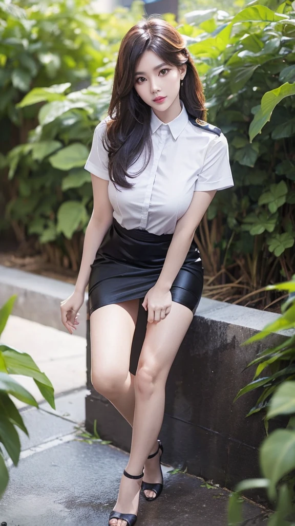Khaki suit, khaki civil servant, Thai teacher uniform:1.3, สาวสวยผมlongเป็นพิเศษ, ผมlongสองเมตร, long hair that catches the eye, ผมlongสีดำ, ผมของเธอlongมาก., long, shiny hair, long, thick, Hair is soft and smooth., ผมlongเป็นพิเศษ, Dynamic posts, like full body, Short sleeve shirtสีกากี, Short pencil skirtสีกากี, side cut, Decorated with military insignia..., black high heels, The sexiest, small waist, hips raised, small thighs, long legs, big breasts, big breasts:1.5, big breast, Very big breasts, eye-catching breasts, A gigantic rift, Not all coverage, big breast, big breast, Big D, สาวผมlongสองเมตร, Beautiful face, red lips, Very shiny, แต่งBeautiful face, military rank insignia, Short pencil skirt, tight, Short sleeve shirt, tight fitting, in the background, blurred garden. ultra short skirt, Short sleeve shirt