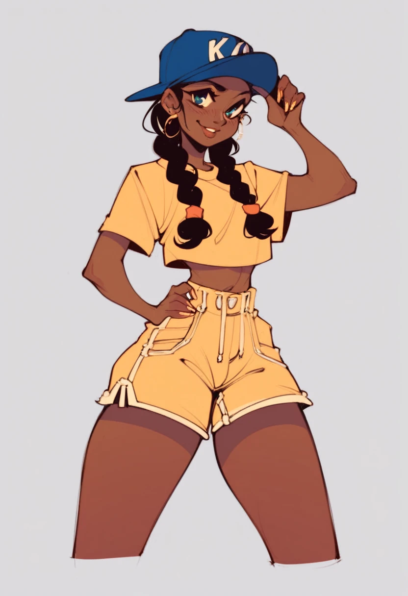 score_9, score_8_up, score_7_up, score_6_up, Character concept art of a dark skinned woman, twin braids, yellow top, khahki shorts, baseball cap, fashionable, high detail, white background
