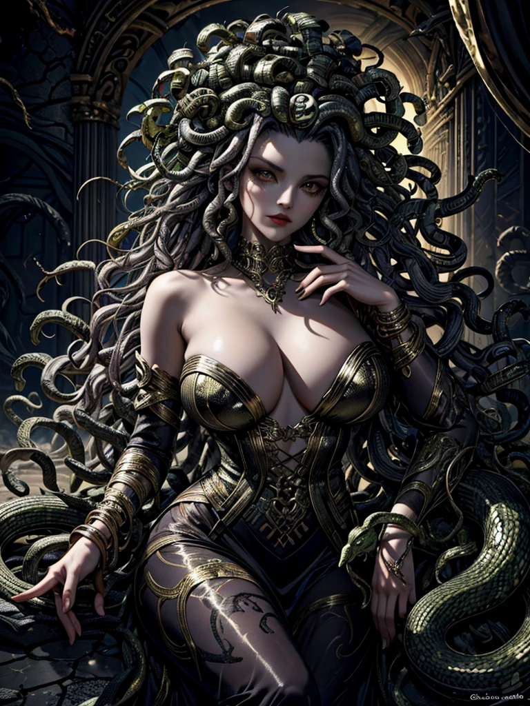 Medusa a woman with snake dreads holding In Greek mythology, Medusa, also called Gorgo,  a human female with living venomous snakes in place of hair, dark, moody, dark fantasy style