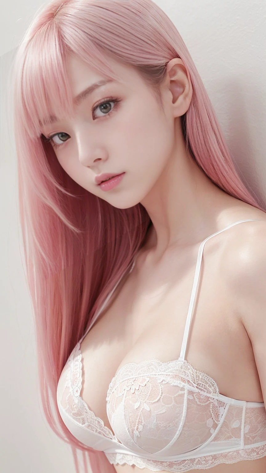 (White wall、The walls are white)、Japanese、23 years old、(from below1.2, low angle:1.4, focus on breast1.4, looking down1.5)、Upper body shot、Pastel pink underwear with lace、Pastel pink bra with lace、Perfect Anatomy、A randomly generated person with diverse facial features hairstyle