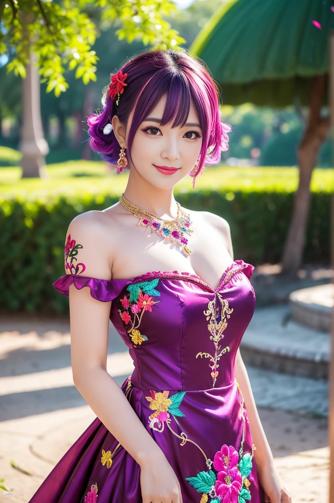 (masterpiece:1.4), (best quality:1.4), ultra high res, ultra high resolution, ((detailed facial features)), HDR, (realistic, photorealistic, photo-realistic:1.37), full body Esbian, sexy Thai model, (-anime), vivid colors, ((vivid colors multicolor (pink, fuchsia, purple) very short hair)), (happy smile), lip-gloss, long lashes, ultra detailed metallic makeup, defined eyebrows, wearing large sparkling colorful jewelery, wearing a red silk Paradise Kiss cosplay dress with black floral embroidery, ((vivid colors outfit)), vivid colors, look at the camera, cinematic light, large park background with trees, sweet and sexy pose