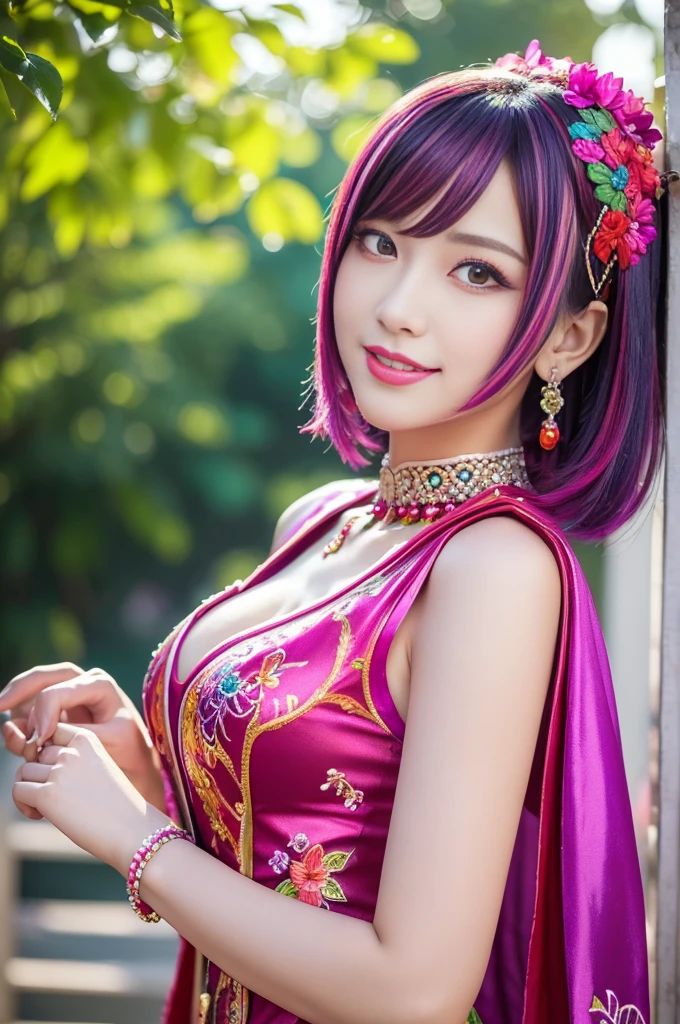 (masterpiece:1.4), (best quality:1.4), ultra high res, ultra high resolution, ((detailed facial features)), HDR, (realistic, photorealistic, photo-realistic:1.37), full body Esbian, sexy Thai model, (-anime), vivid colors, ((vivid colors multicolor (pink, fuchsia, purple) very short hair)), (happy smile), lip-gloss, long lashes, ultra detailed metallic makeup, defined eyebrows, wearing large sparkling colorful jewelery, wearing a red silk Paradise Kiss cosplay dress with black floral embroidery, ((vivid colors outfit)), vivid colors, look at the camera, cinematic light, large park background with trees, sweet and sexy pose