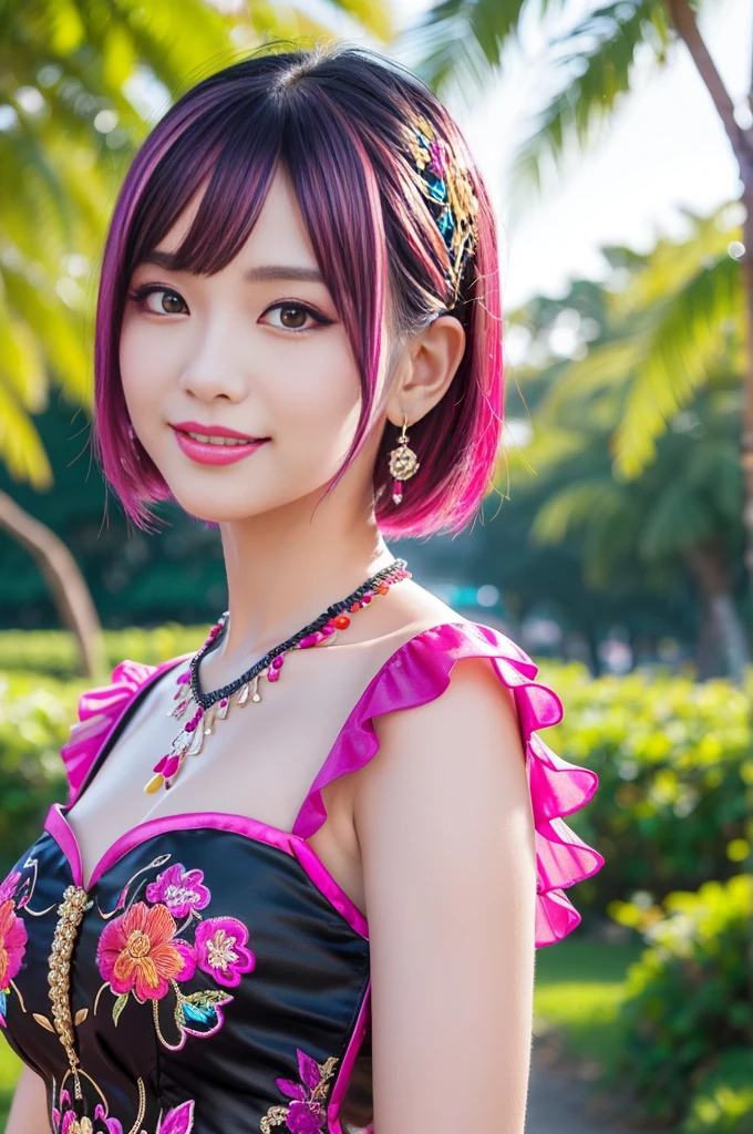 (masterpiece:1.4), (best quality:1.4), ultra high res, ultra high resolution, ((detailed facial features)), HDR, (realistic, photorealistic, photo-realistic:1.37), full body Esbian, sexy Thai model, (-anime), vivid colors, ((vivid colors multicolor (pink, fuchsia, purple) very short hair)), (happy smile), lip-gloss, long lashes, ultra detailed metallic makeup, defined eyebrows, wearing large sparkling colorful jewelery, wearing a red silk Paradise Kiss cosplay dress with black floral embroidery, ((vivid colors outfit)), vivid colors, look at the camera, cinematic light, large park background with trees, sweet and sexy pose