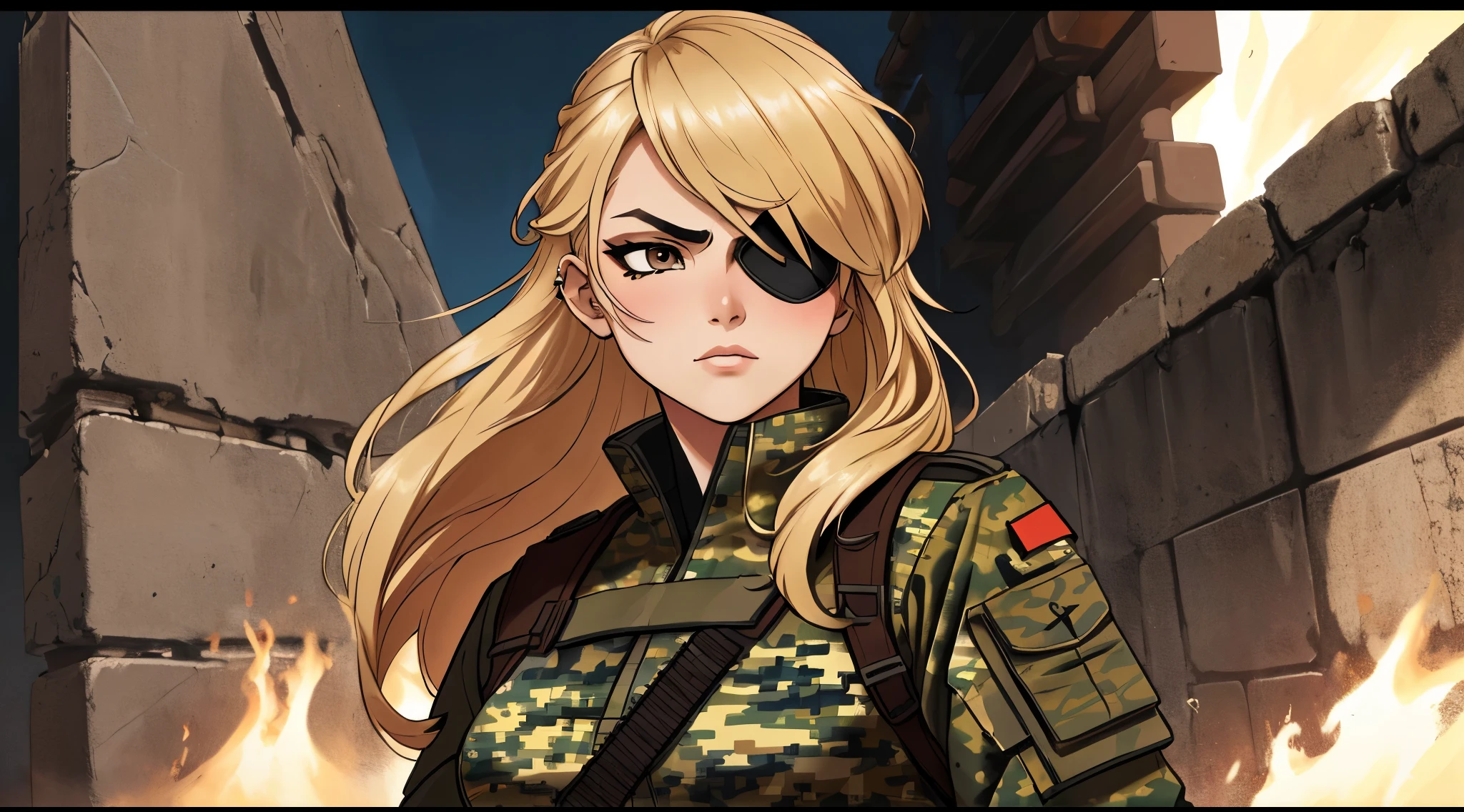 A strikingly alluring female warrior with flowing blonde hair, piercing brown eyes, and a sleek black eye patch covering her right eye, clad in intricately detailed camouflage military attire. This vibrant character portrait exudes a sense of strength and mystery, captured in a hyper-realistic digital painting. The intricate details of her outfit, from the intricate patterns of the camouflage to the subtle shading of her eye patch, are rendered with impeccable precision. The overall composition is dynamic and engaging, drawing the viewer in with its captivating depiction of a fierce and enigmatic warrior.